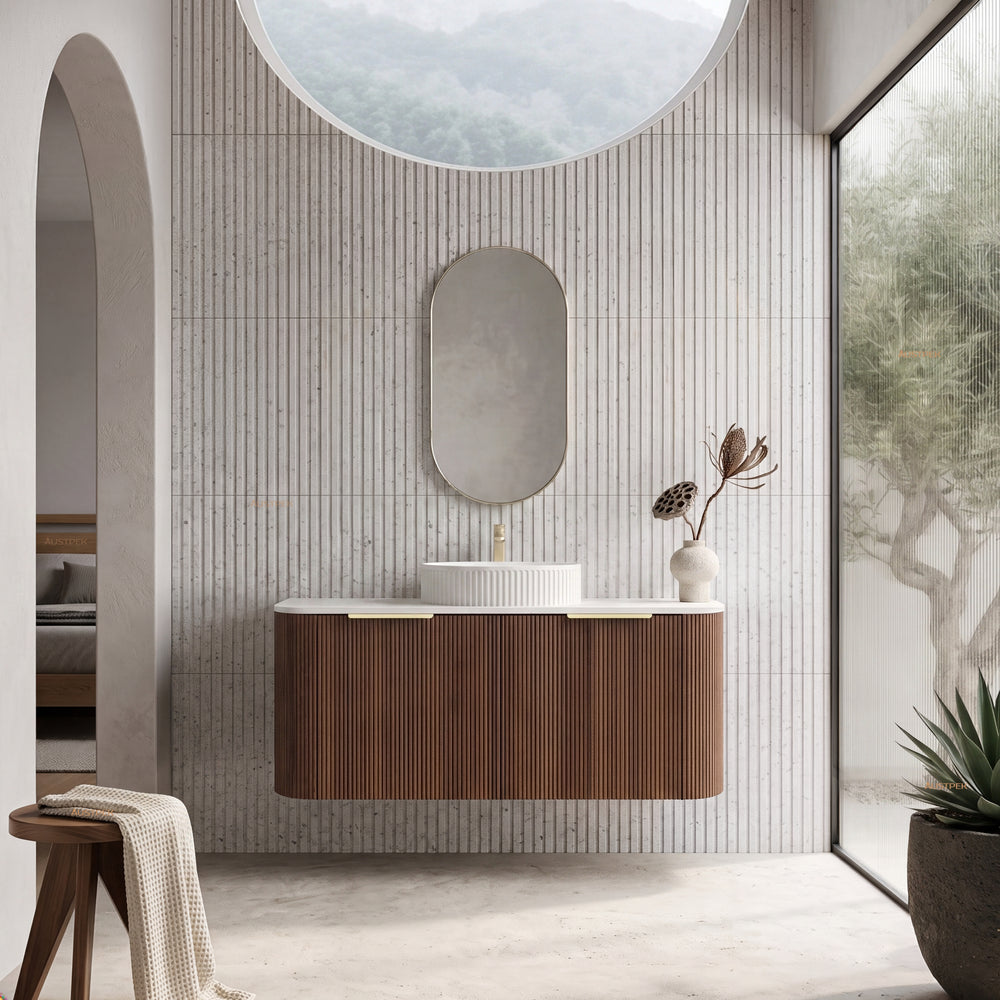 VITO ARDEN-S WALNUT 1200MM FLUTED CURVED SINGLE BOWL WALL HUNG VANITY