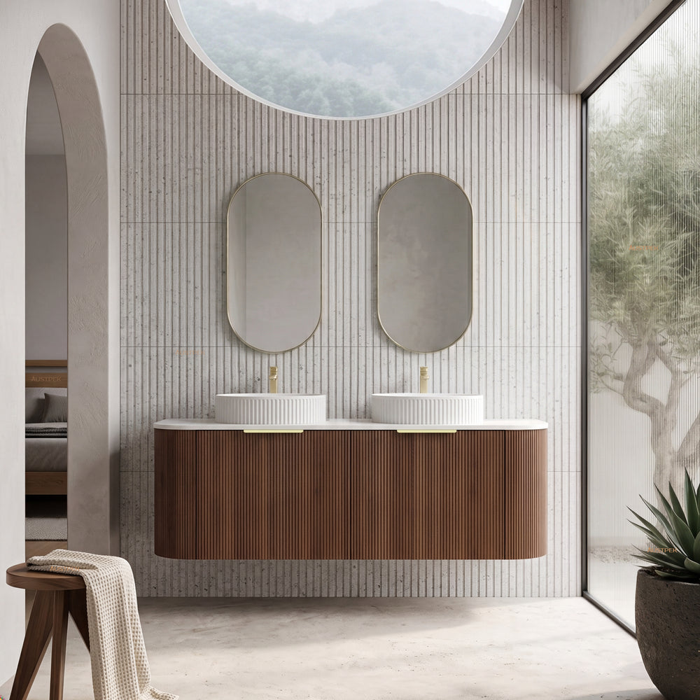 VITO ARDEN-S WALNUT 1500MM FLUTED CURVED DOUBLE BOWL WALL HUNG VANITY