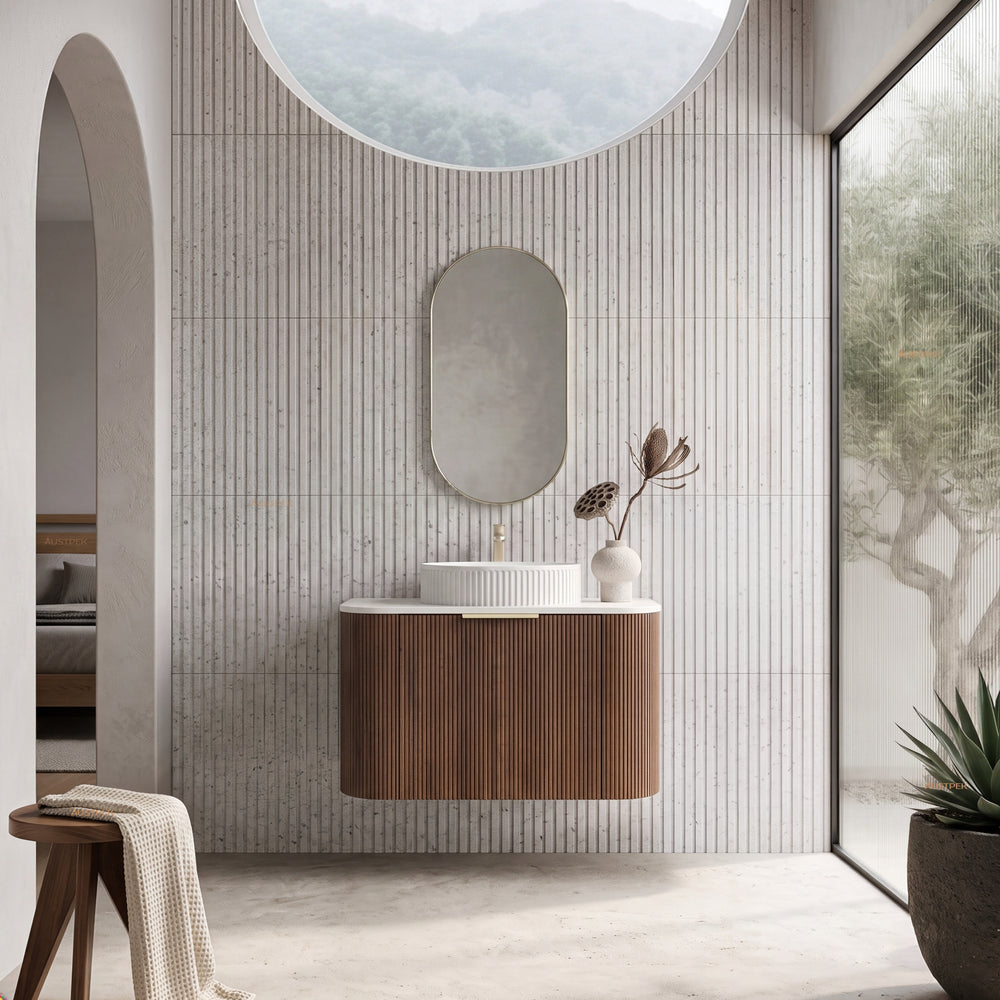 VITO ARDEN-S WALNUT 900MM FLUTED CURVED SINGLE BOWL WALL HUNG VANITY