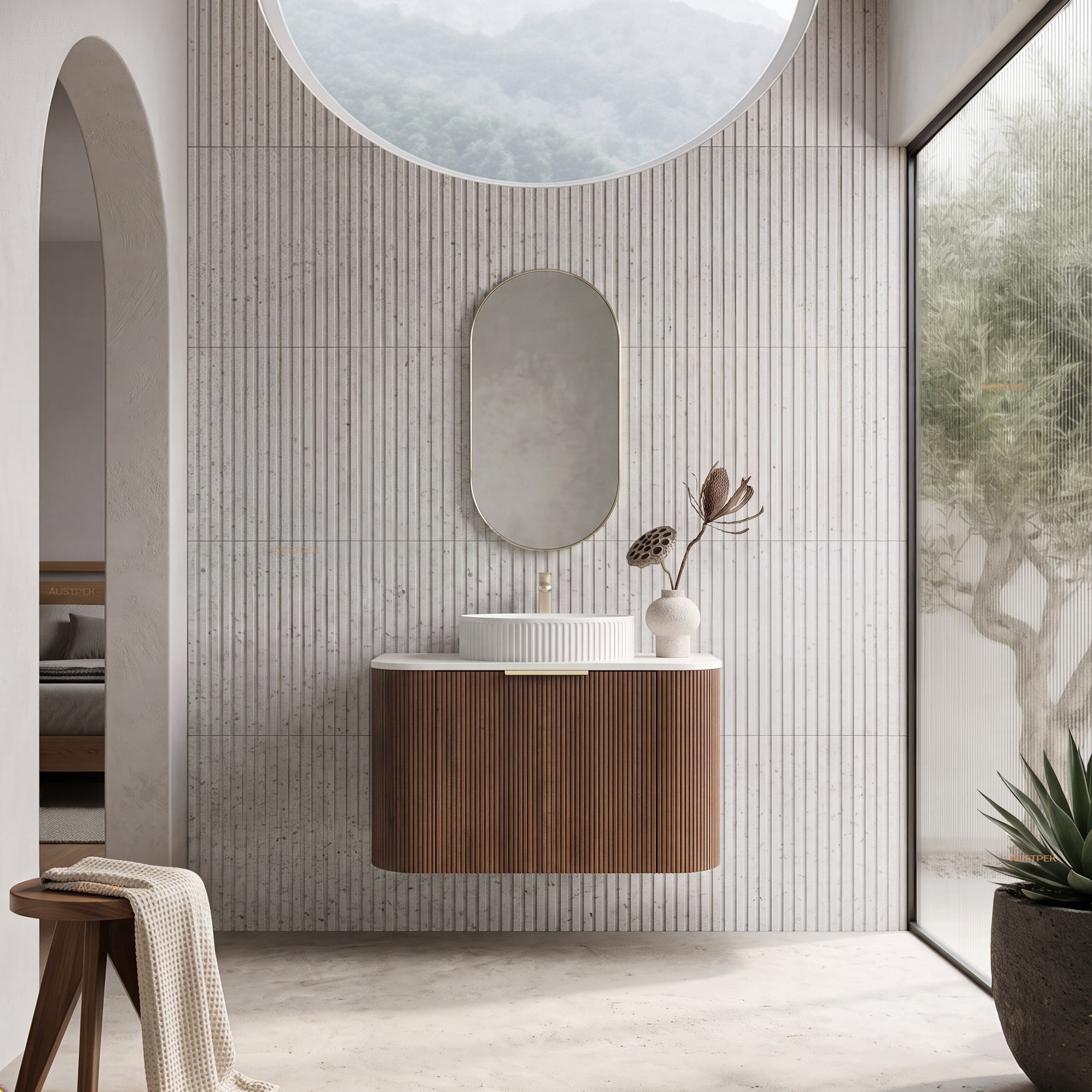VITO ARDEN-S WALNUT 900MM FLUTED CURVED SINGLE BOWL WALL HUNG VANITY