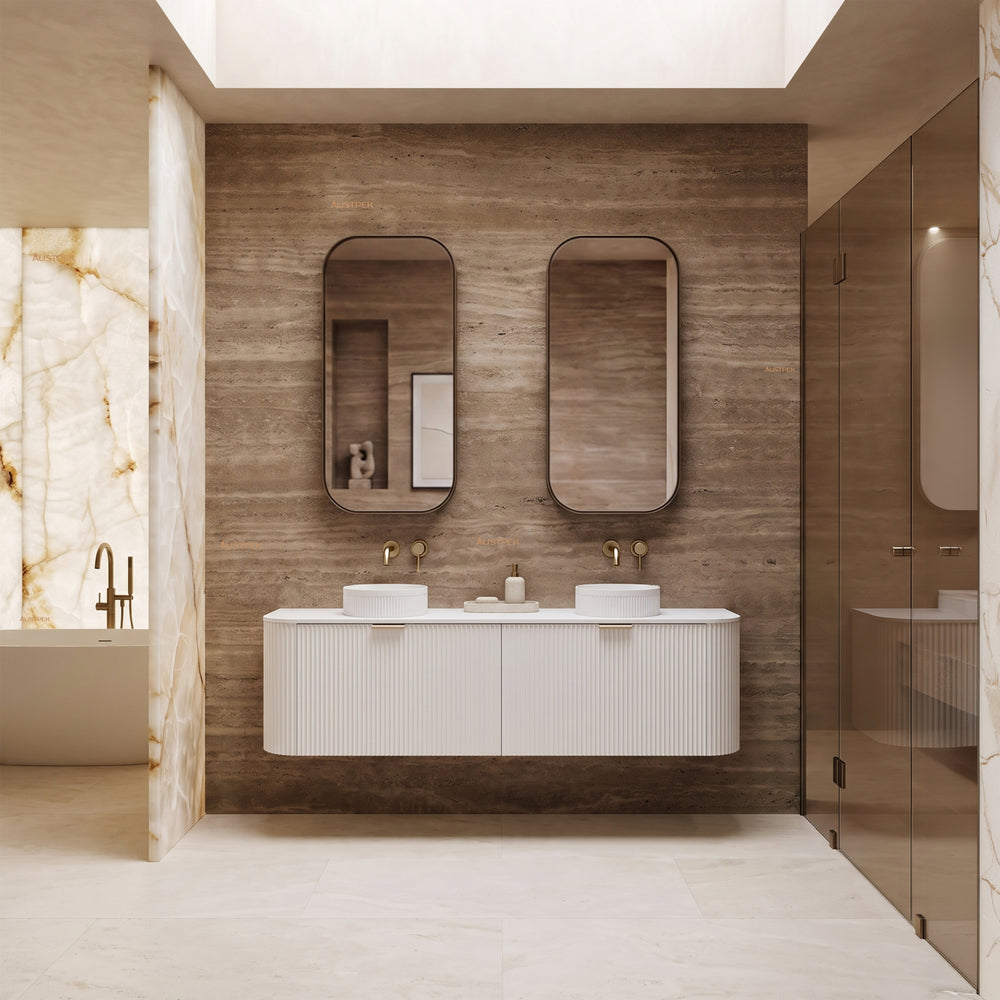 VITO AVANTTI MATTE WHITE 1500MM FLUTED CURVED DOUBLE BOWL WALL HUNG VANITY