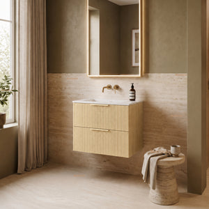 VITO EDINA CLASSIC OAK 600MM FLUTED SPACE SAVING SINGLE BOWL WALL HUNG VANITY