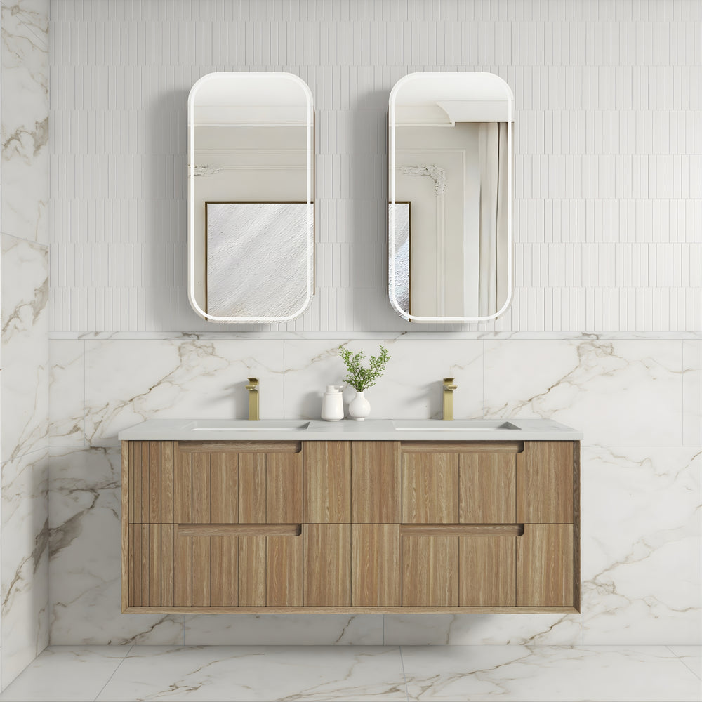 AULIC VOULARI HARVEST OAK 1500MM DOUBLE BOWL FRAMED WALL HUNG VANITY