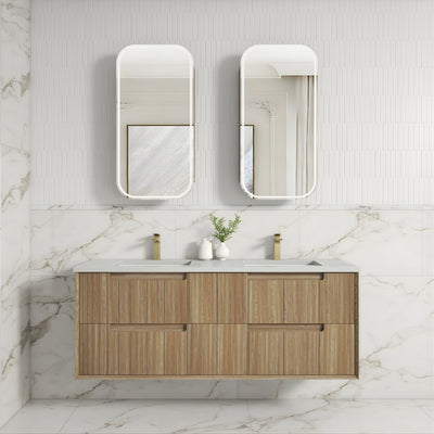 AULIC VOULARI HARVEST OAK 1500MM DOUBLE BOWL FRAMED WALL HUNG VANITY