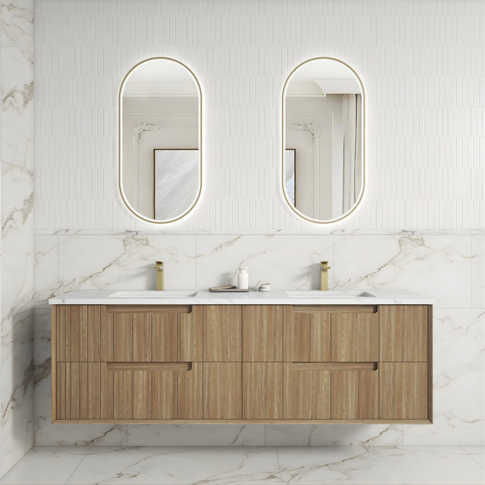 AULIC VOULARI HARVEST OAK 1800MM DOUBLE BOWL FRAMED WALL HUNG VANITY