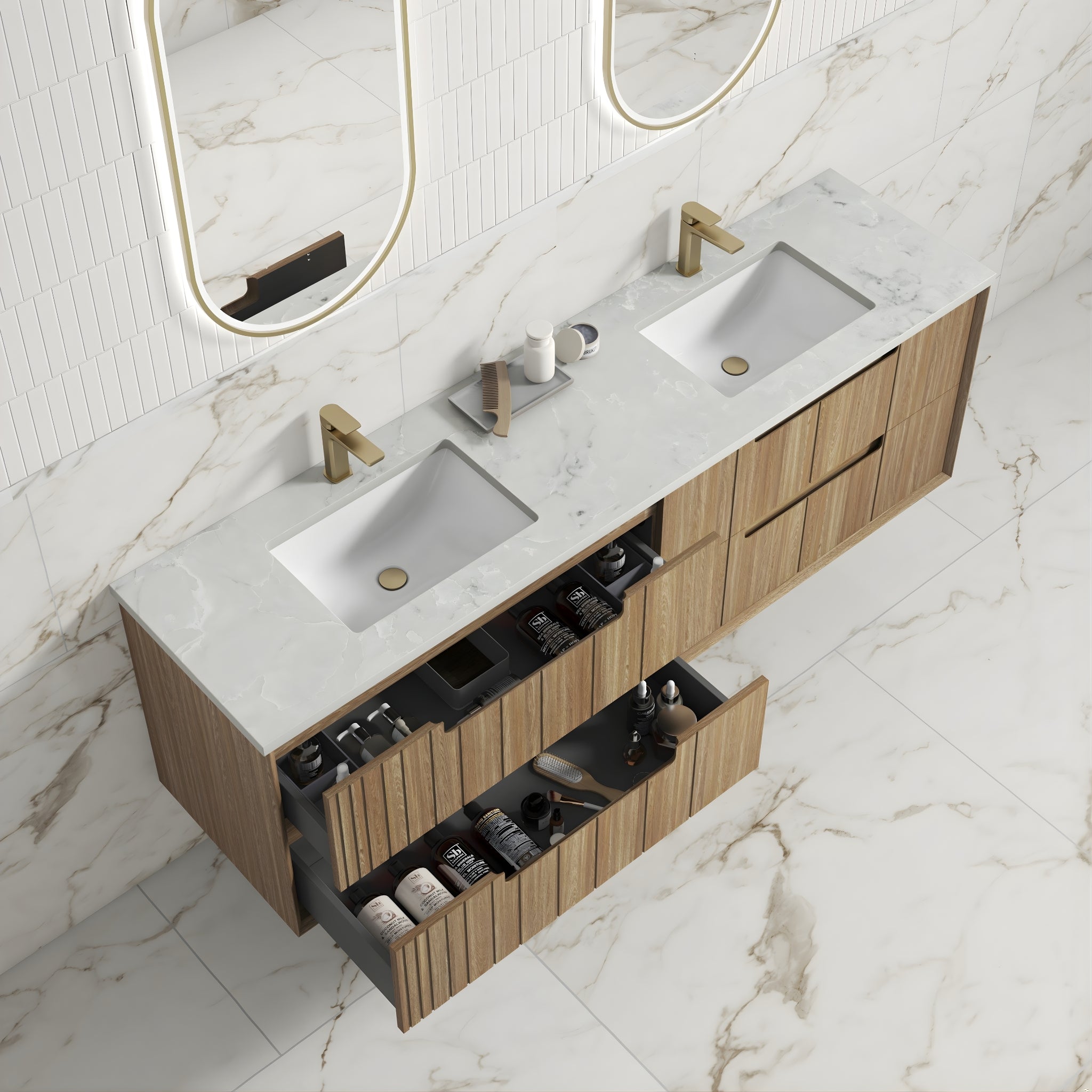 AULIC VOULARI HARVEST OAK 1800MM DOUBLE BOWL FRAMED WALL HUNG VANITY