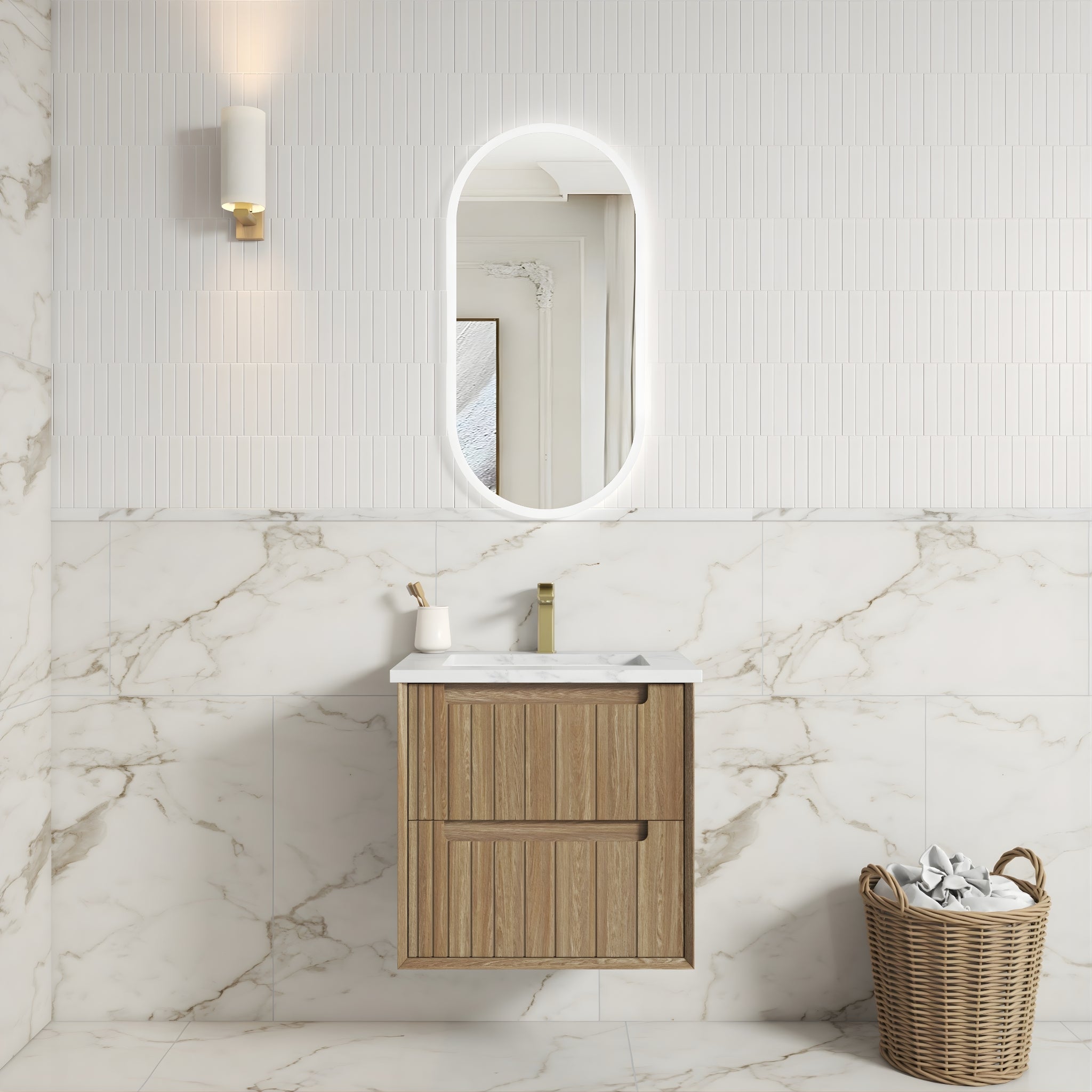 AULIC VOULARI HARVEST OAK 600MM SINGLE BOWL FRAMED WALL HUNG VANITY