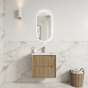 AULIC VOULARI HARVEST OAK 600MM SINGLE BOWL FRAMED WALL HUNG VANITY