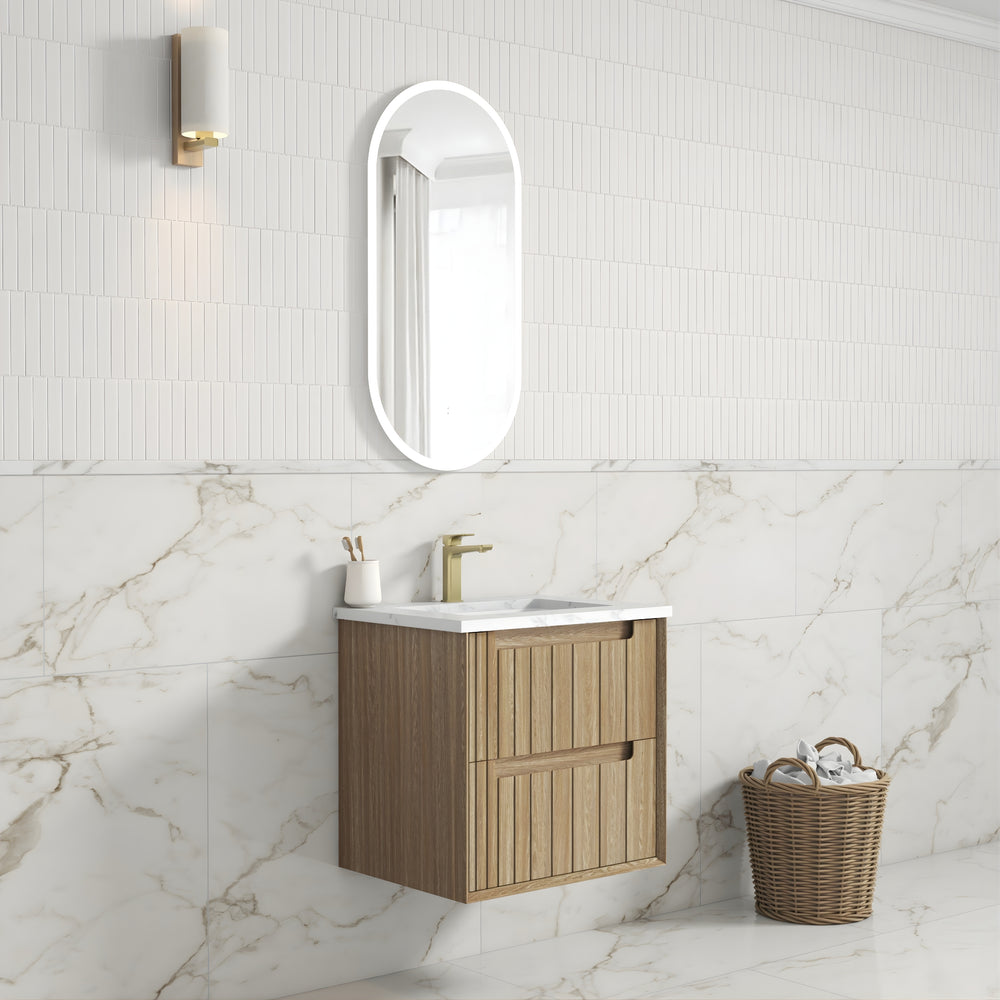 AULIC VOULARI HARVEST OAK 600MM SINGLE BOWL FRAMED WALL HUNG VANITY