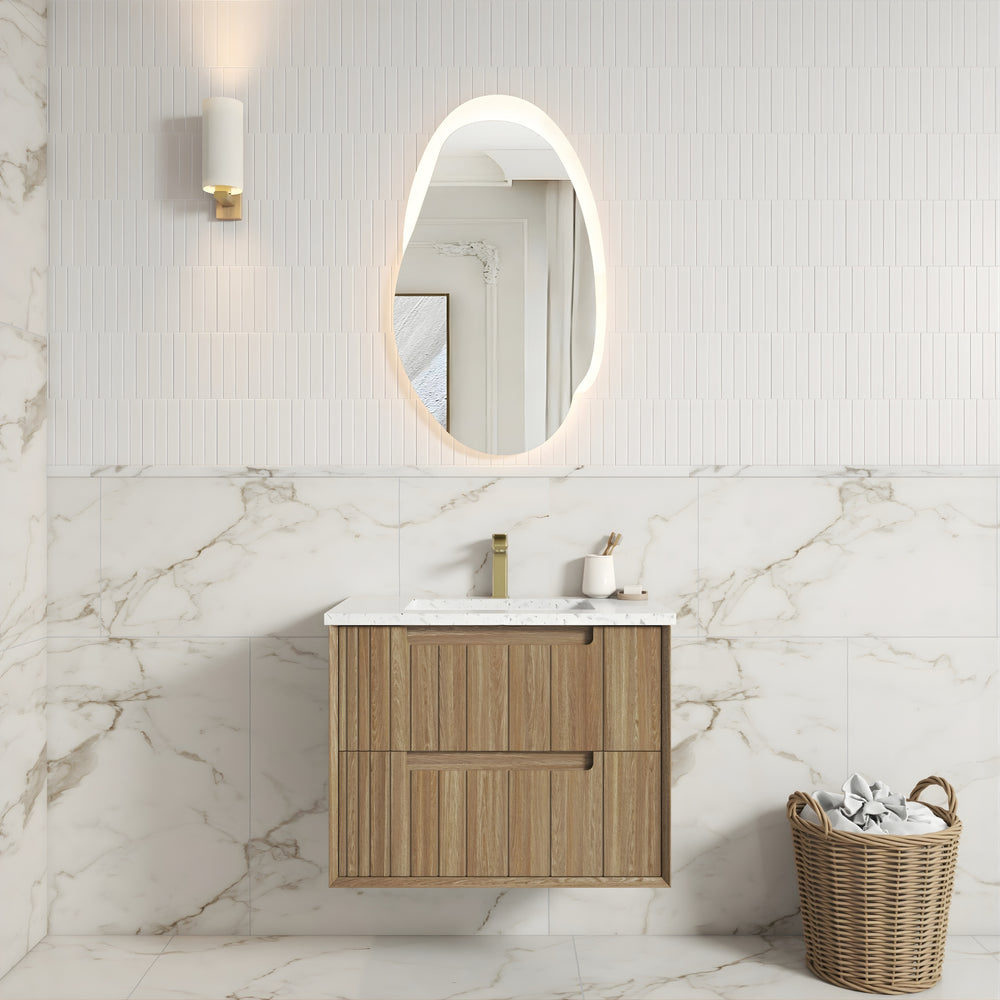 AULIC VOULARI HARVEST OAK 750MM SINGLE BOWL FRAMED WALL HUNG VANITY
