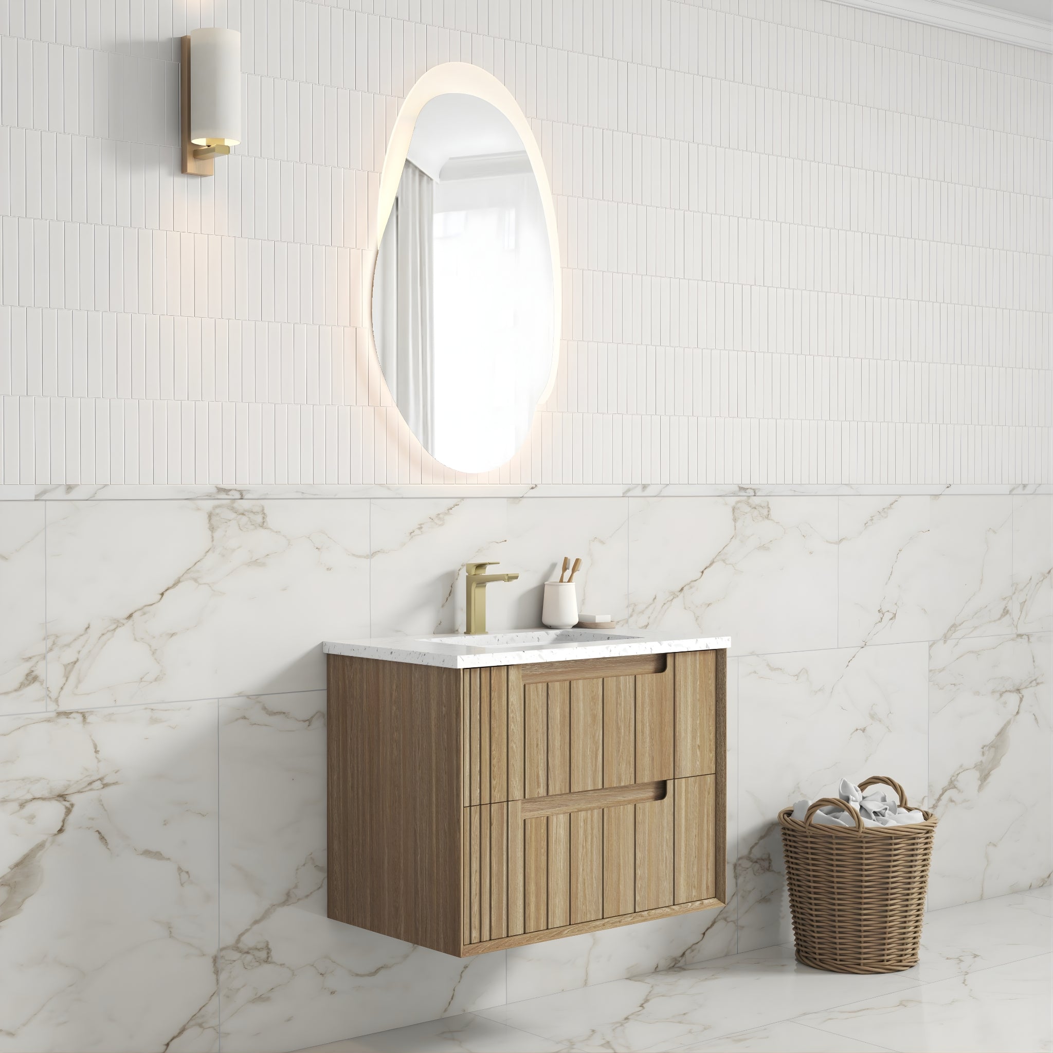 AULIC VOULARI HARVEST OAK 750MM SINGLE BOWL FRAMED WALL HUNG VANITY