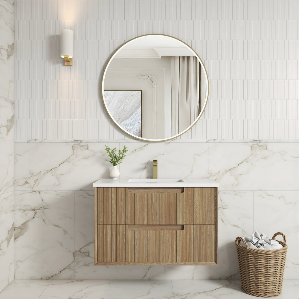 AULIC VOULARI HARVEST OAK 900MM SINGLE BOWL FRAMED WALL HUNG VANITY