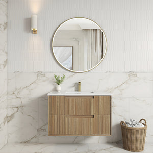 AULIC VOULARI HARVEST OAK 900MM SINGLE BOWL FRAMED WALL HUNG VANITY