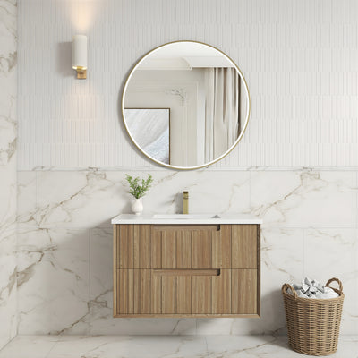 AULIC VOULARI HARVEST OAK 900MM SINGLE BOWL FRAMED WALL HUNG VANITY