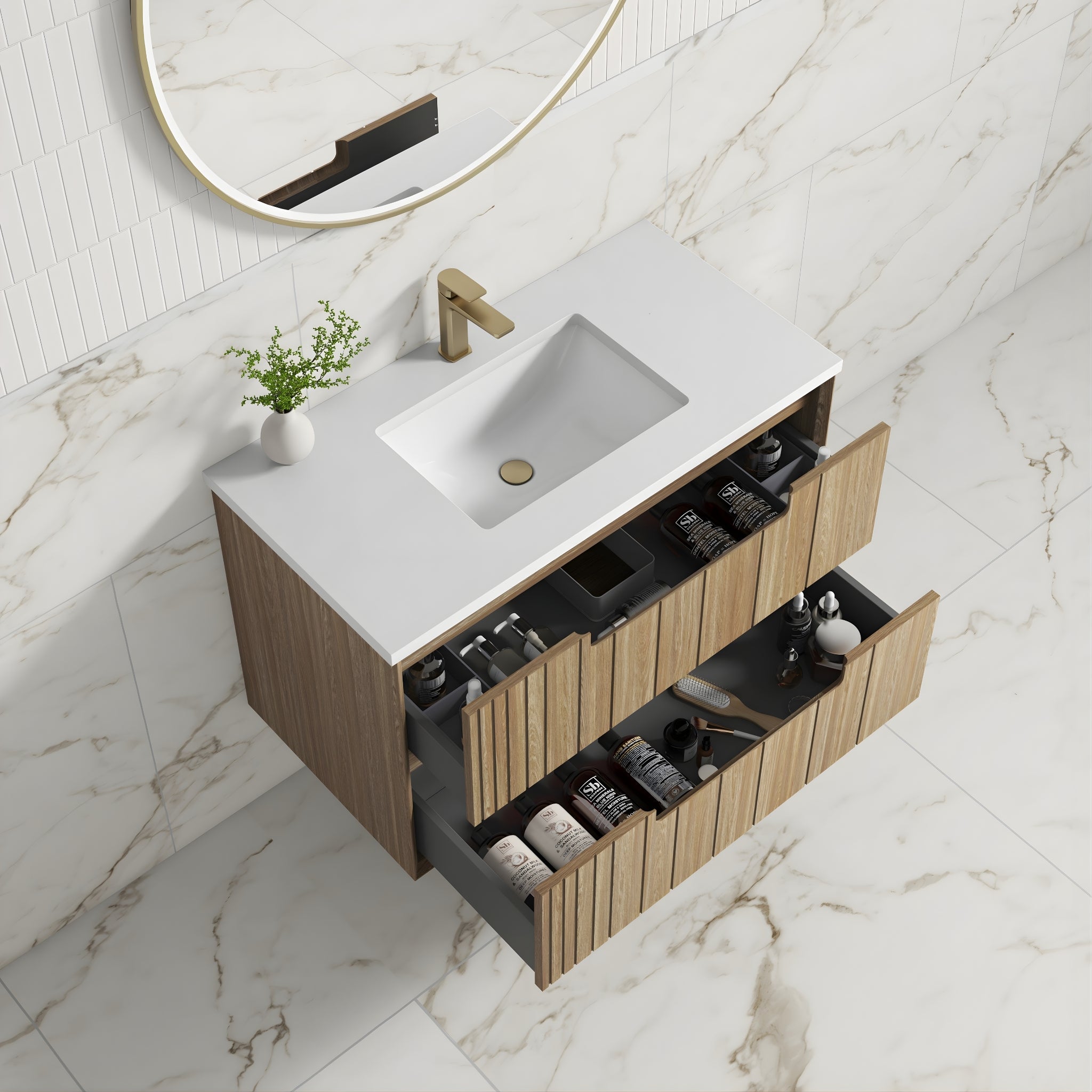 AULIC VOULARI HARVEST OAK 900MM SINGLE BOWL FRAMED WALL HUNG VANITY