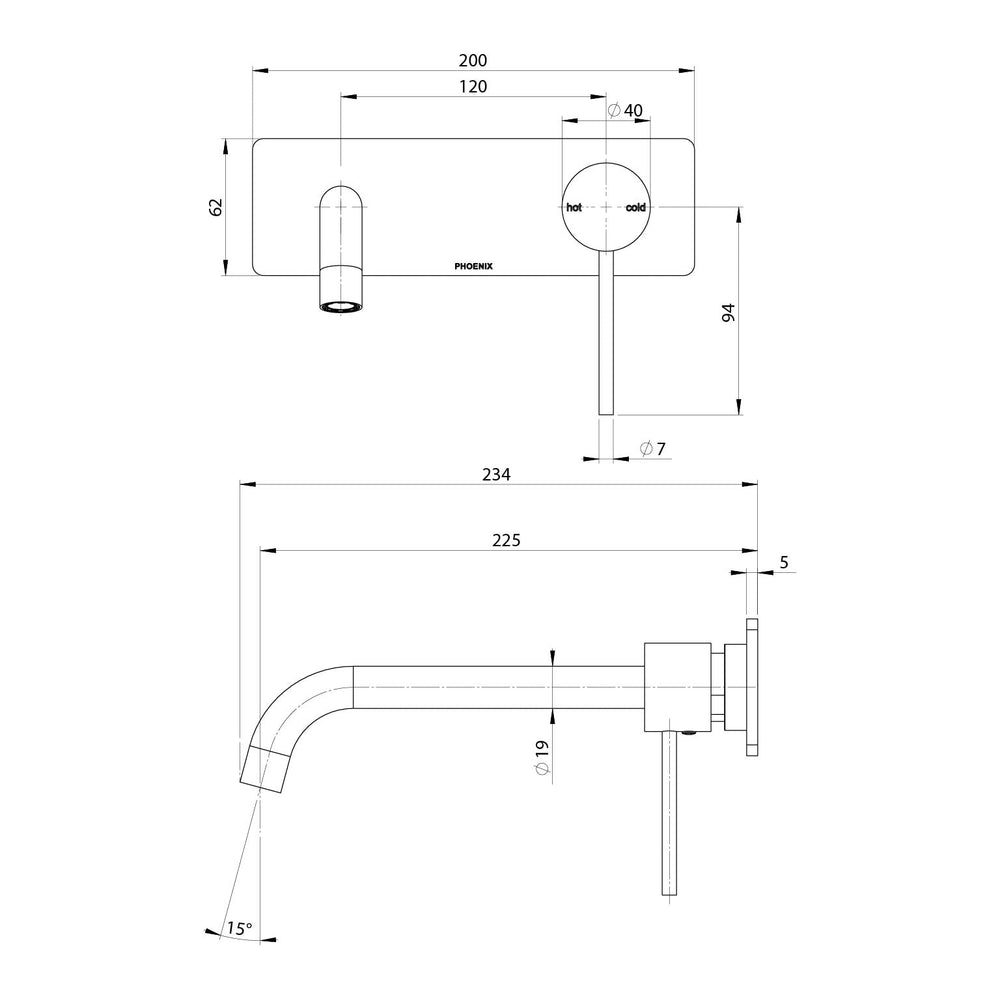 PHOENIX VIVID SLIMLINE SWITCHMIX WALL BASIN / BATH MIXER SET FIT-OFF KIT 200MM BRUSHED CARBON
