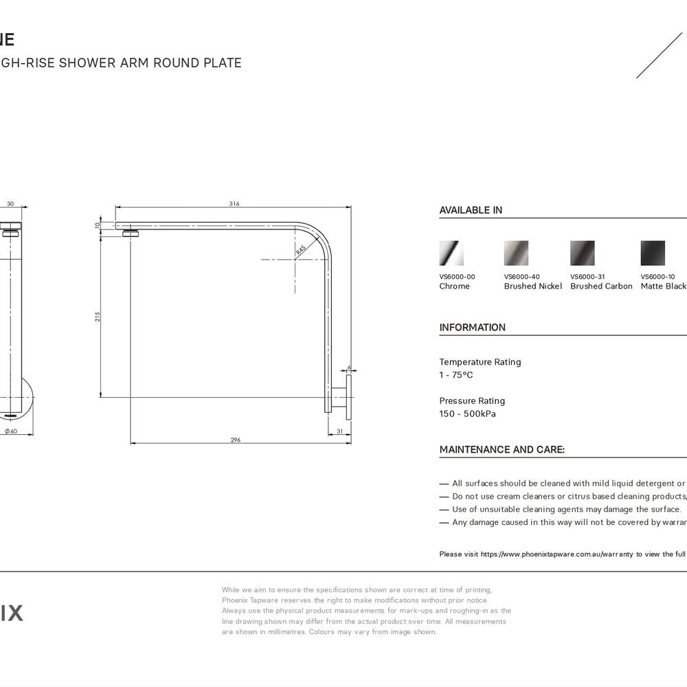 PHOENIX VIVID SLIMLINE HIGH-RISE SHOWER ARM ROUND PLATE 300MM CHROME