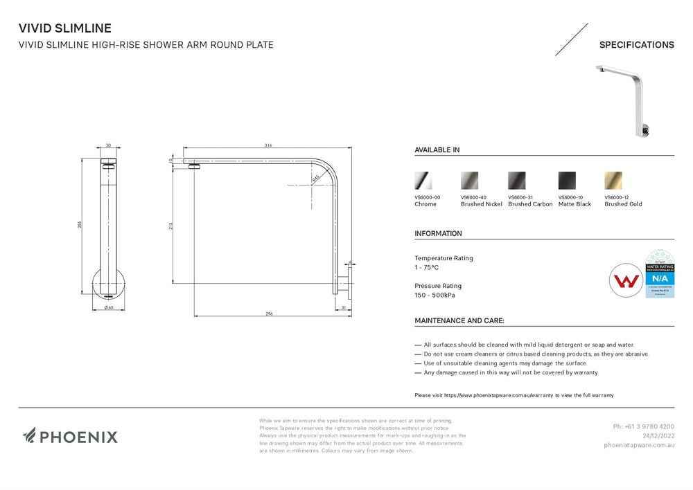 PHOENIX VIVID SLIMLINE HIGH-RISE SHOWER ARM ROUND PLATE 300MM CHROME