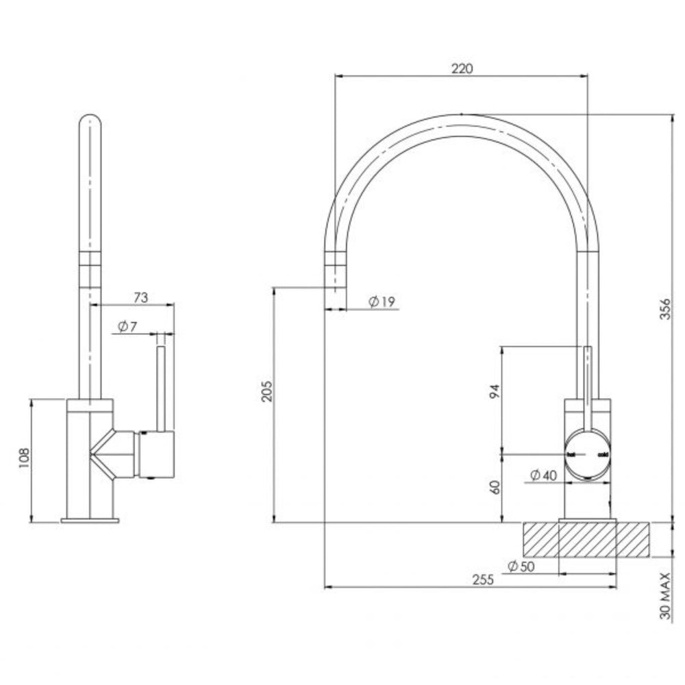 PHOENIX VIVID SLIMLINE LEAD FREE SINK MIXER GOOSENECK 220MM BRUSHED CARBON