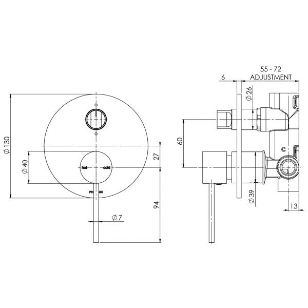 PHOENIX VIVID SLIMLINE SHOWER BATH DIVERTER MIXER 130MM BRUSHED CARBON