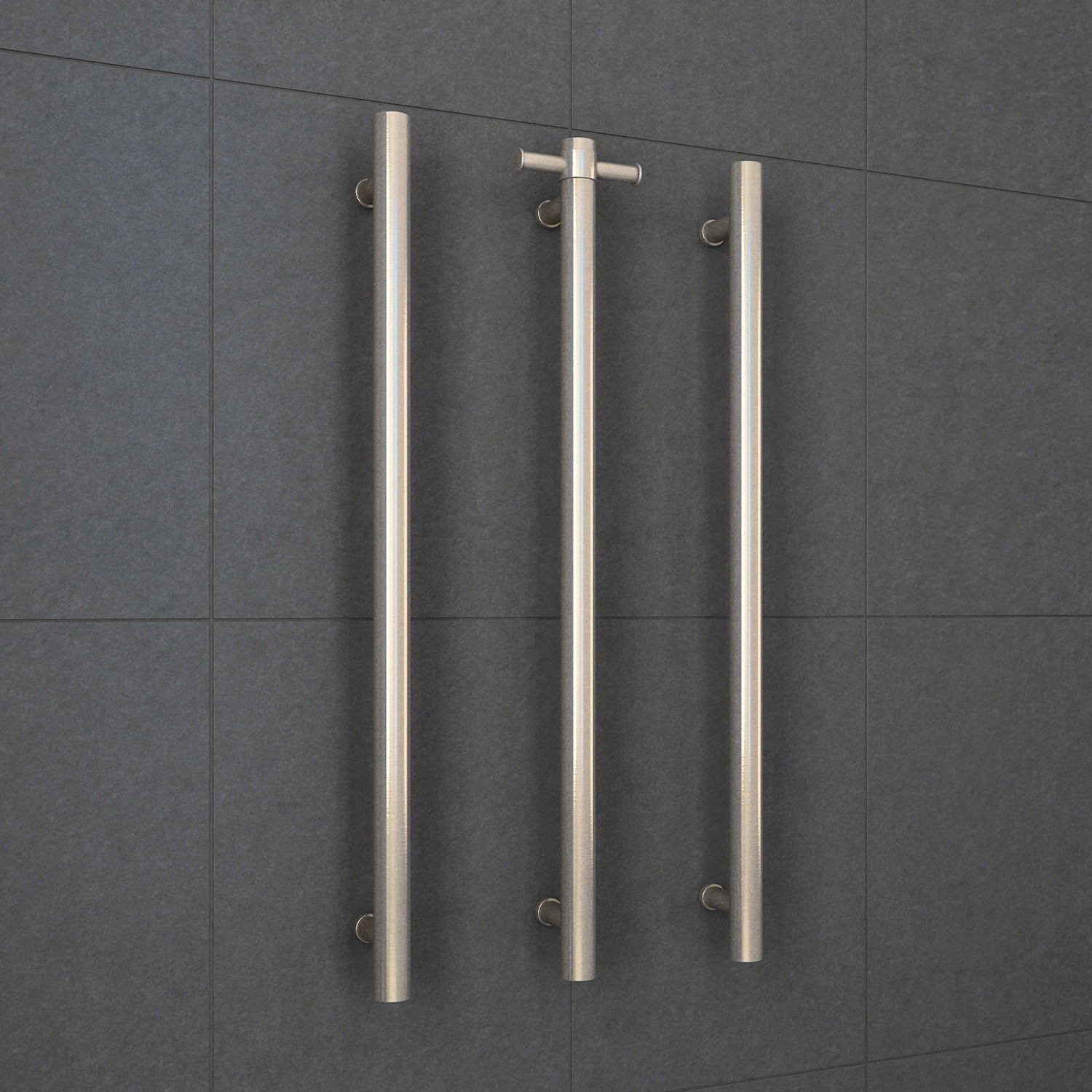 THERMOGROUP BRUSHED NICKEL STRAIGHT ROUND VERTICAL SINGLE HEATED TOWEL RAIL 900MM