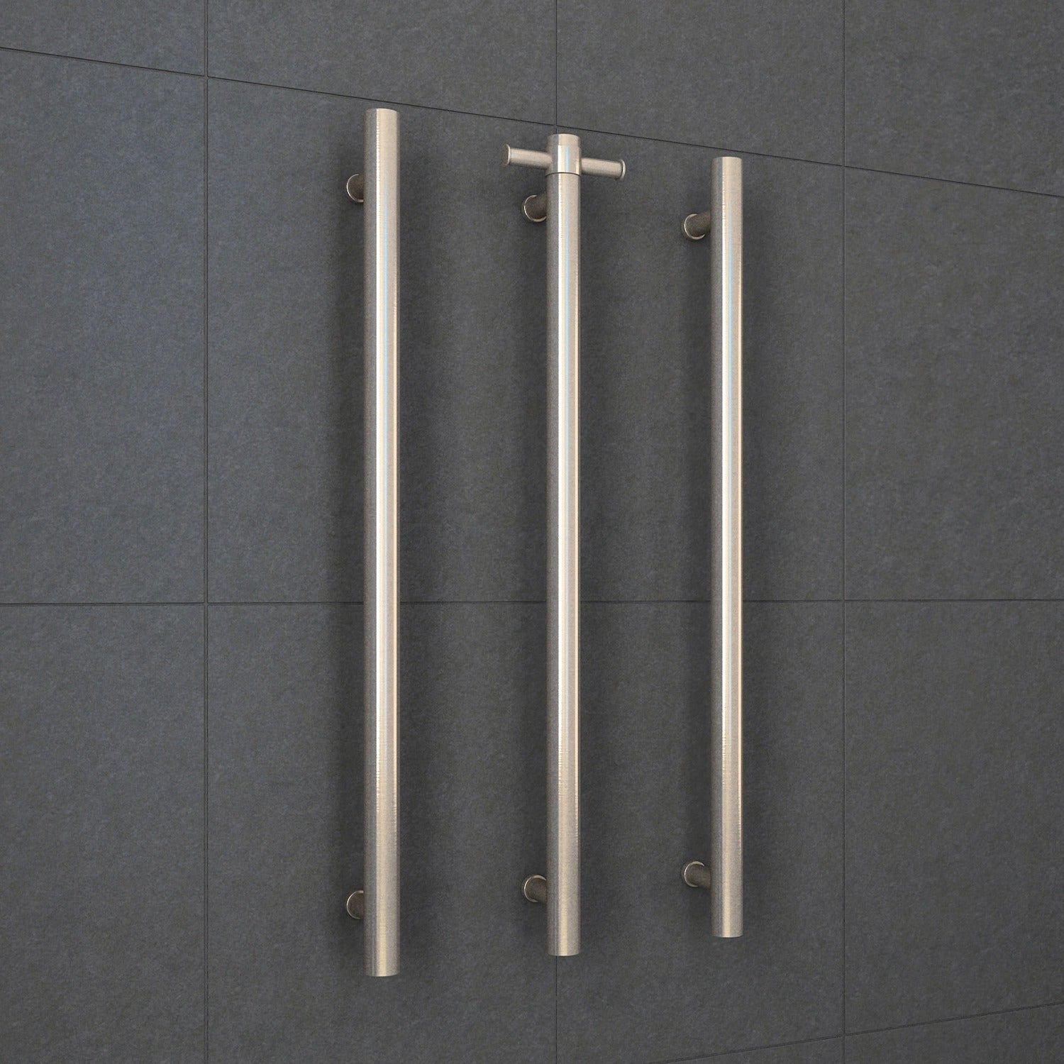 THERMOGROUP STRAIGHT ROUND VERTICAL SINGLE HEATED TOWEL RAIL 900MM BRUSHED NICKEL