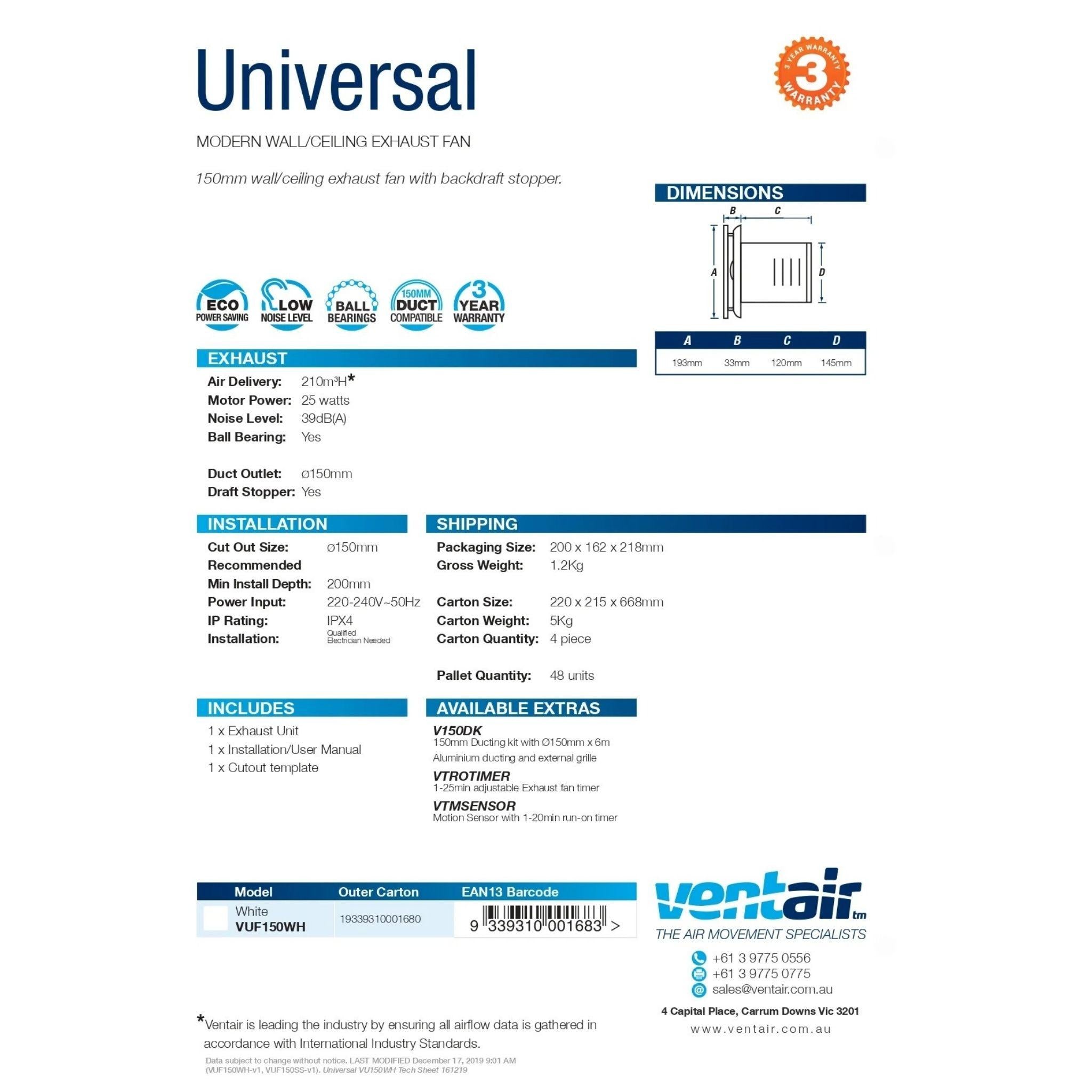 VENTAIR UNIVERSAL 150MM WALL/CEILING EXHAUST FAN WHITE