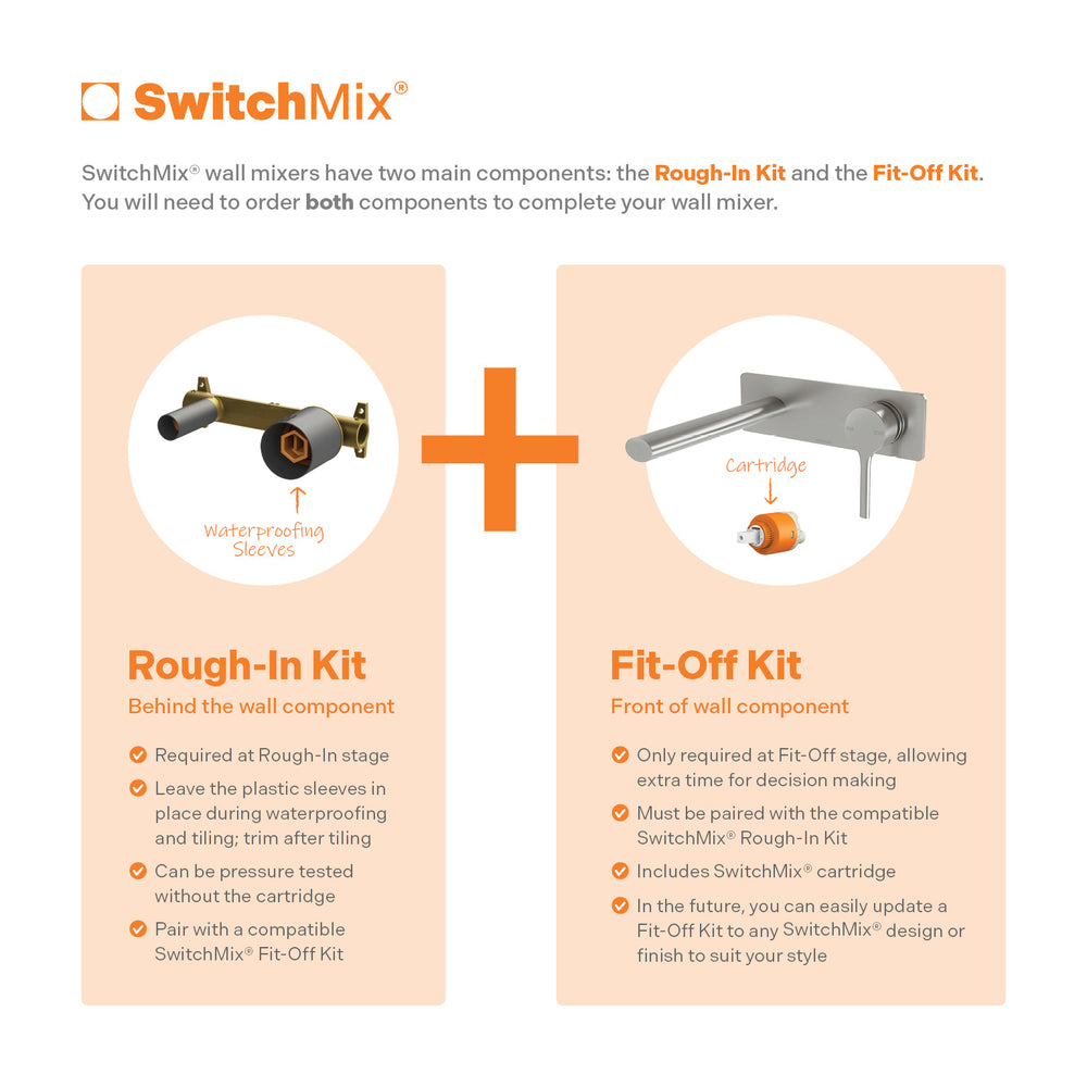 PHOENIX VIVID SLIMLINE LEAD FREE OVAL SWITCHMIX WALL BASIN / BATH MIXER SET FIT-OFF AND ROUGH-IN KIT 200MM BRUSHED NICKEL