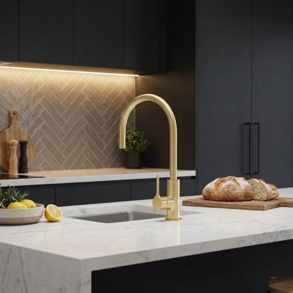 PHOENIX VIVID SLIMLINE OVAL GOOSENECK SINK MIXER 220MM BRUSHED GOLD