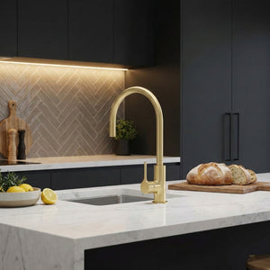 PHOENIX VIVID SLIMLINE OVAL GOOSENECK SINK MIXER 220MM BRUSHED GOLD