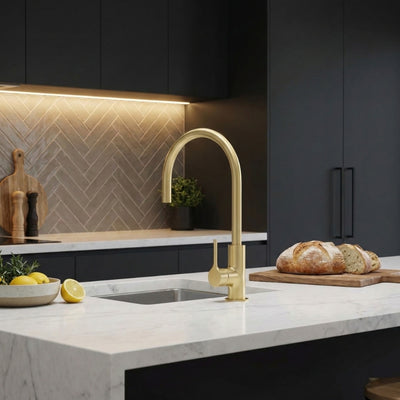 PHOENIX VIVID SLIMLINE OVAL GOOSENECK SINK MIXER 220MM BRUSHED GOLD