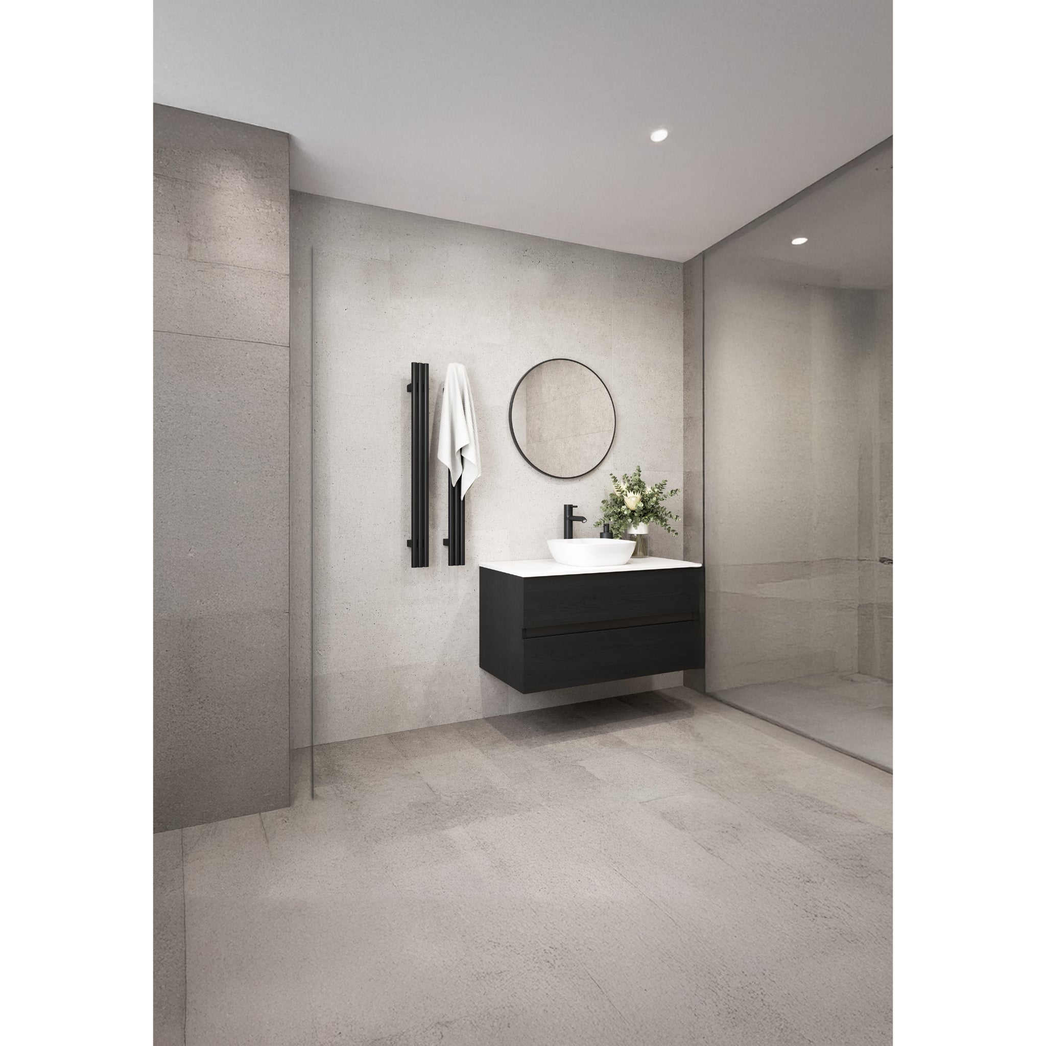 THERMOGROUP TRIPLE TUBE VERTICAL SINGLE HEATED TOWEL RAIL MATTE BLACK 900MM