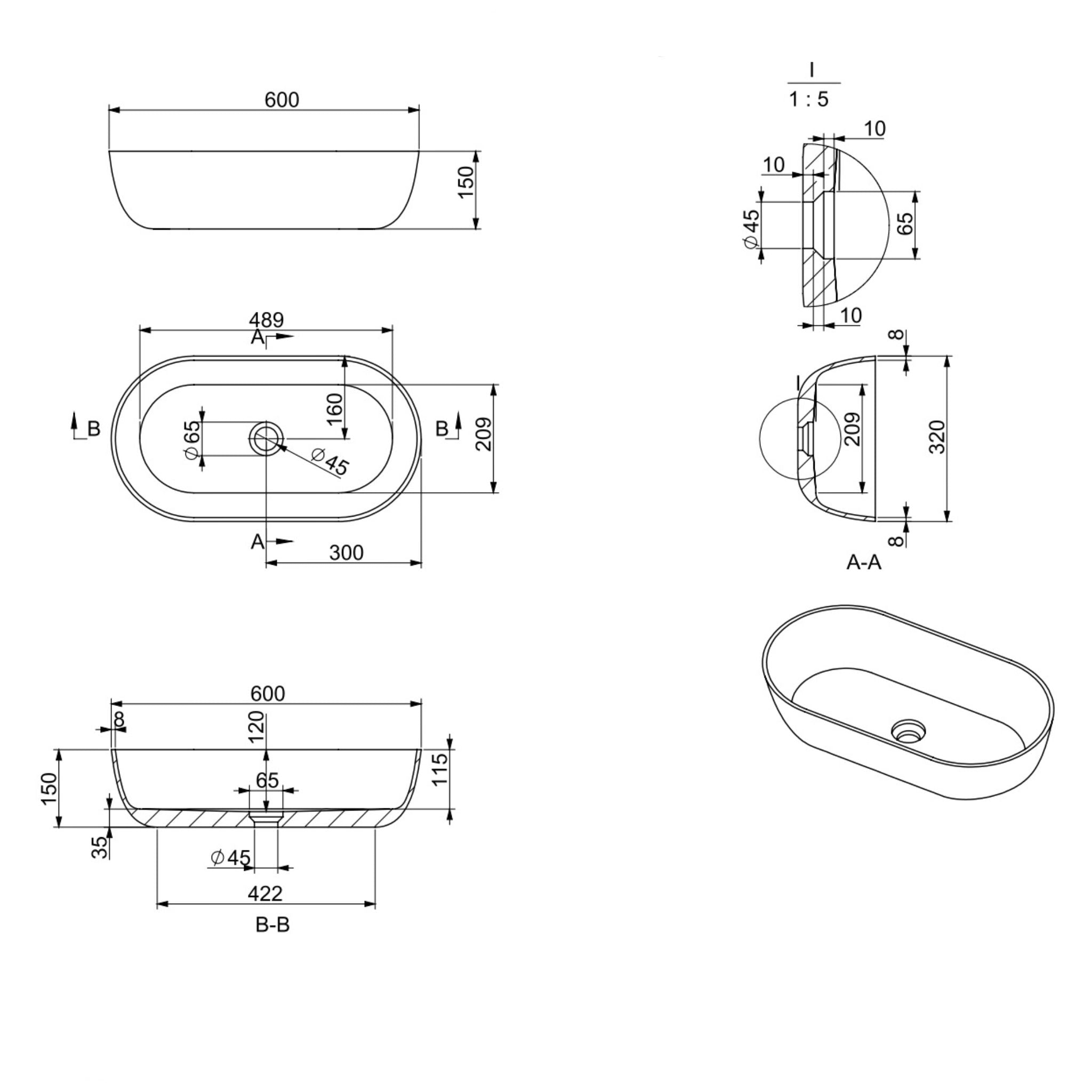 KASKADE LUCIA OVAL ABOVE COUNTER STONE BASIN MATTE WHITE 600MM