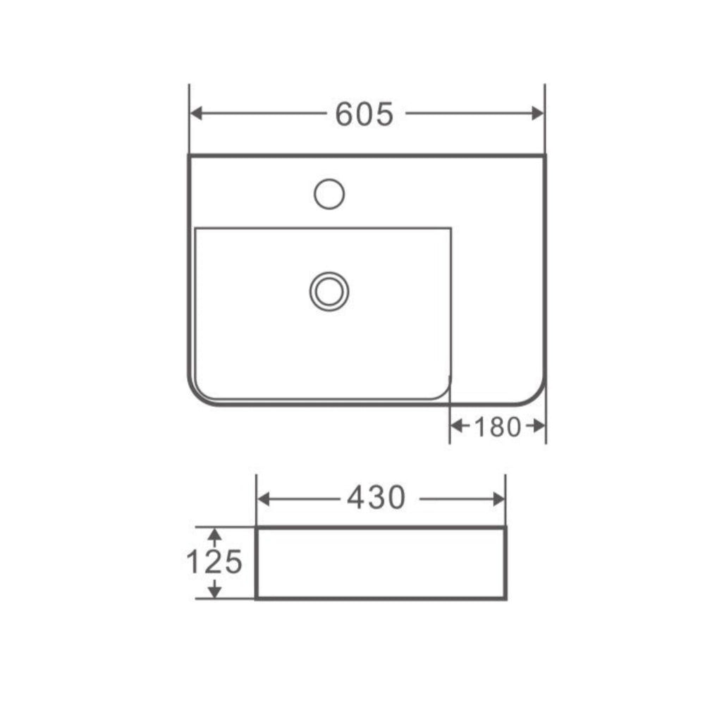 MERCIO VENTO RECTANGULAR WALL HUNG LEFT HAND BASIN GLOSS WHITE 605MM