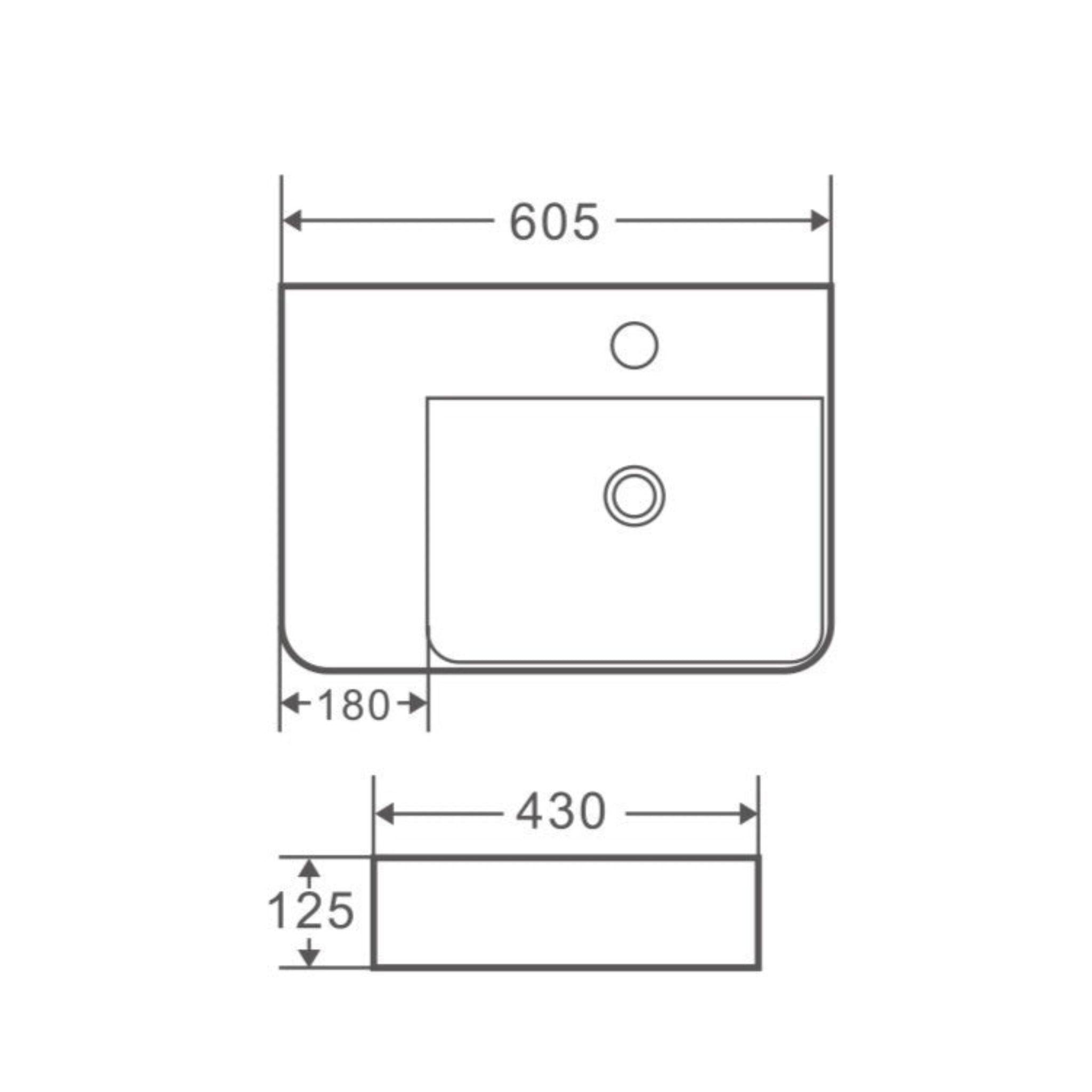 MERCIO VENTO RECTANGULAR WALL HUNG RIGHT HAND BASIN GLOSS WHITE 605MM