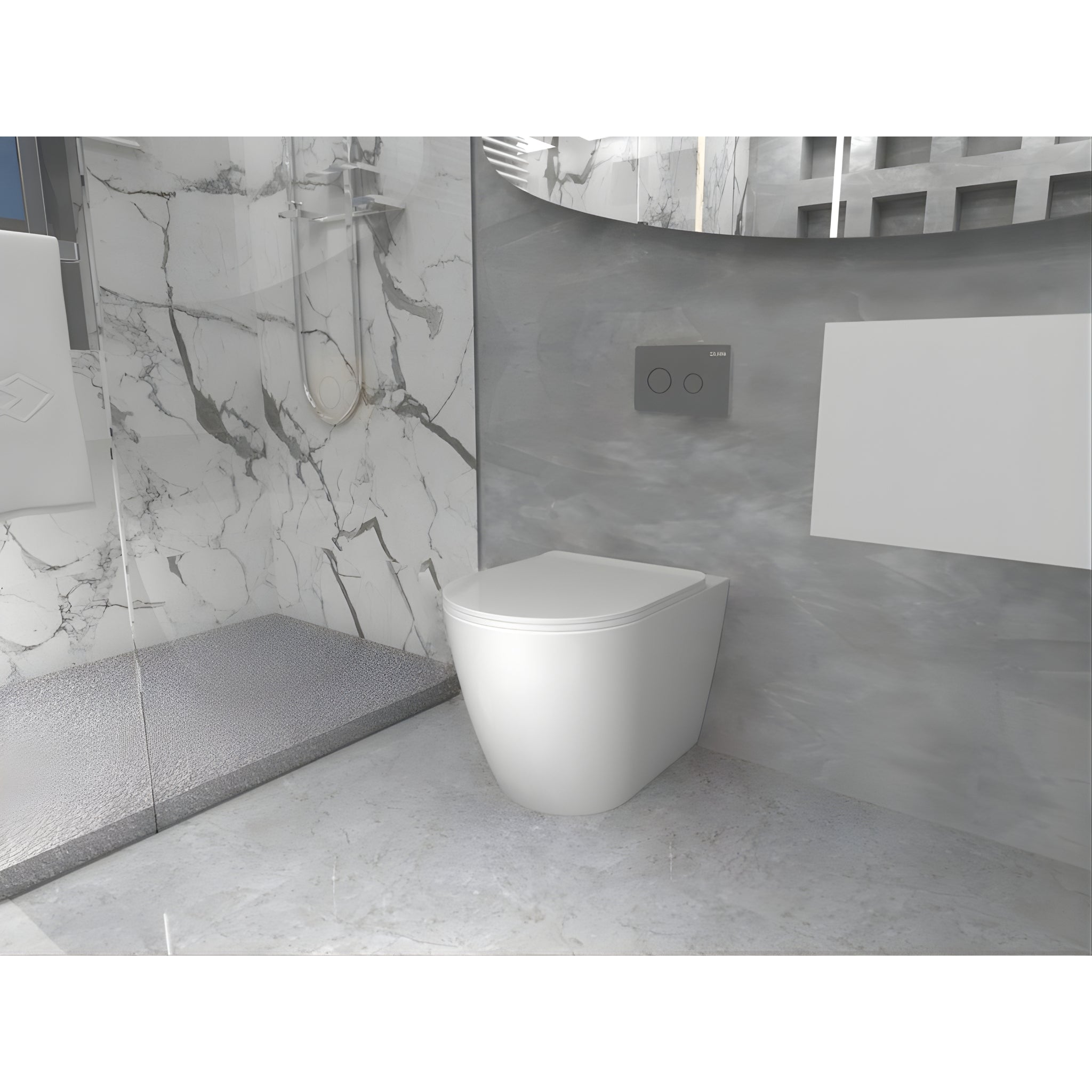 ZUMI VENUS RIMLESS WALL FACED FLOOR PAN WITH R&T IN WALL CISTERN & FLUSH BUTTON PACKAGE GLOSS WHITE