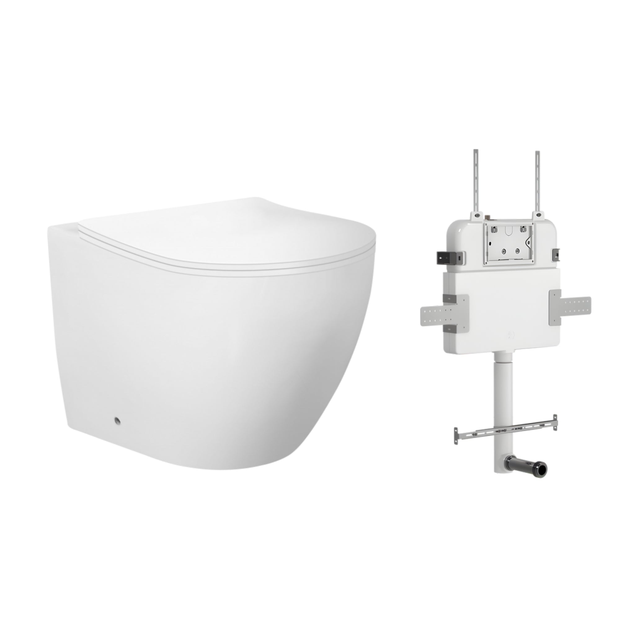 ZUMI VENUS RIMLESS WALL FACED FLOOR PAN WITH R&T IN WALL CISTERN & FLUSH BUTTON PACKAGE GLOSS WHITE