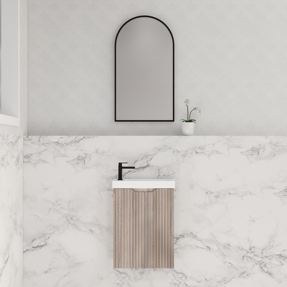 RIVA VIENNA WHITE OAK 450MM SPACE SAVING SINGLE BOWL WALL HUNG VANITY