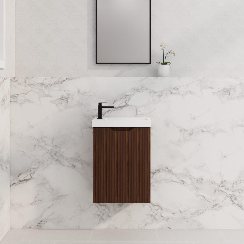 RIVA VIENNA BROWN OAK 450MM SPACE SAVING SINGLE BOWL WALL HUNG VANITY