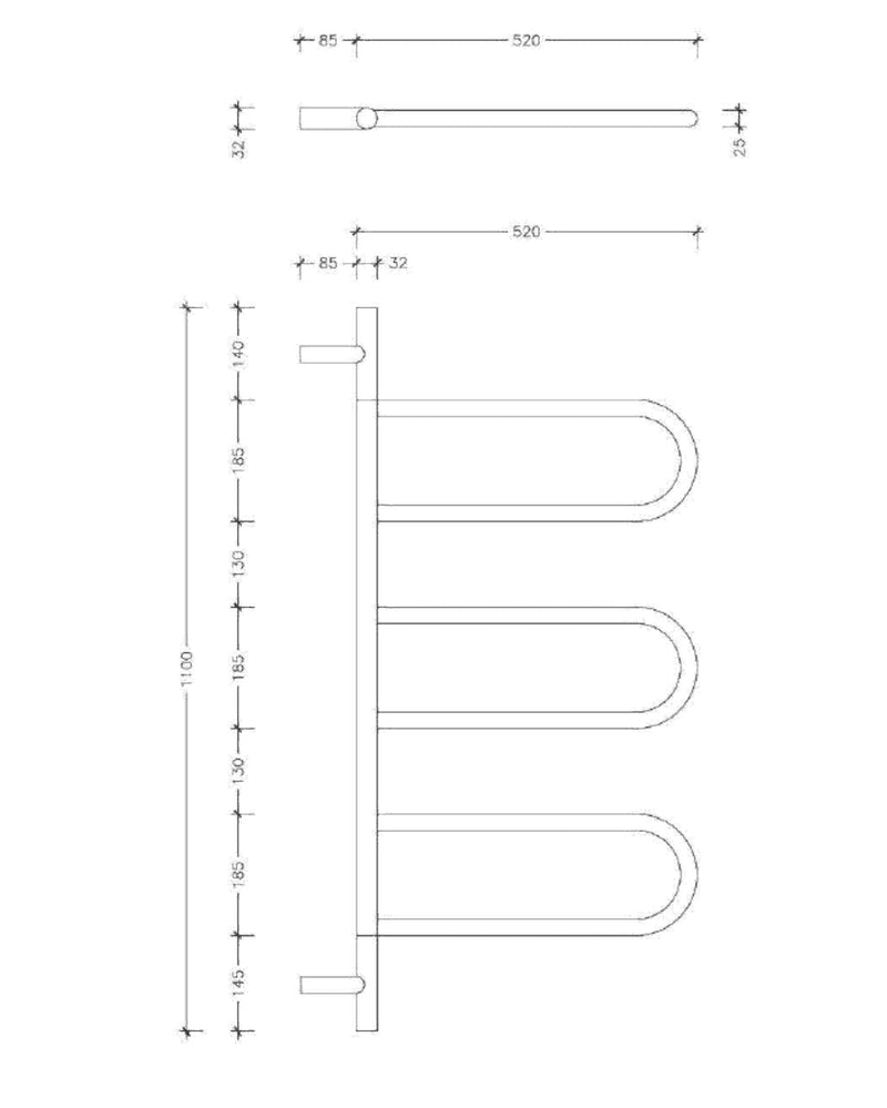 THERMOGROUP W11SR JEEVES TANGENT W SWIVEL HEATED TOWEL RAIL 1100MM