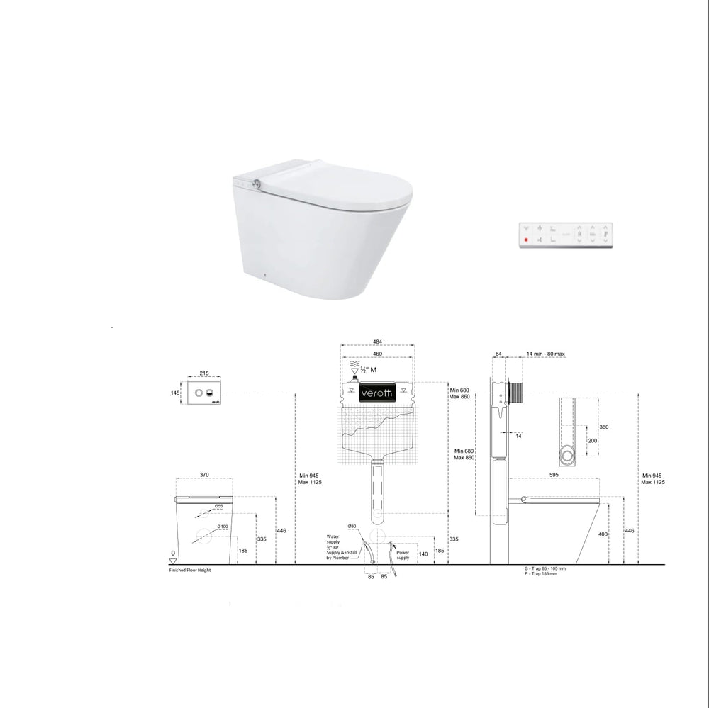 VEROTTI ETERNITY X INTEGRATED INTELLIGENT WALL FACED TOILET AND REMOTE WASHLET PACKAGE GLOSS WHITE