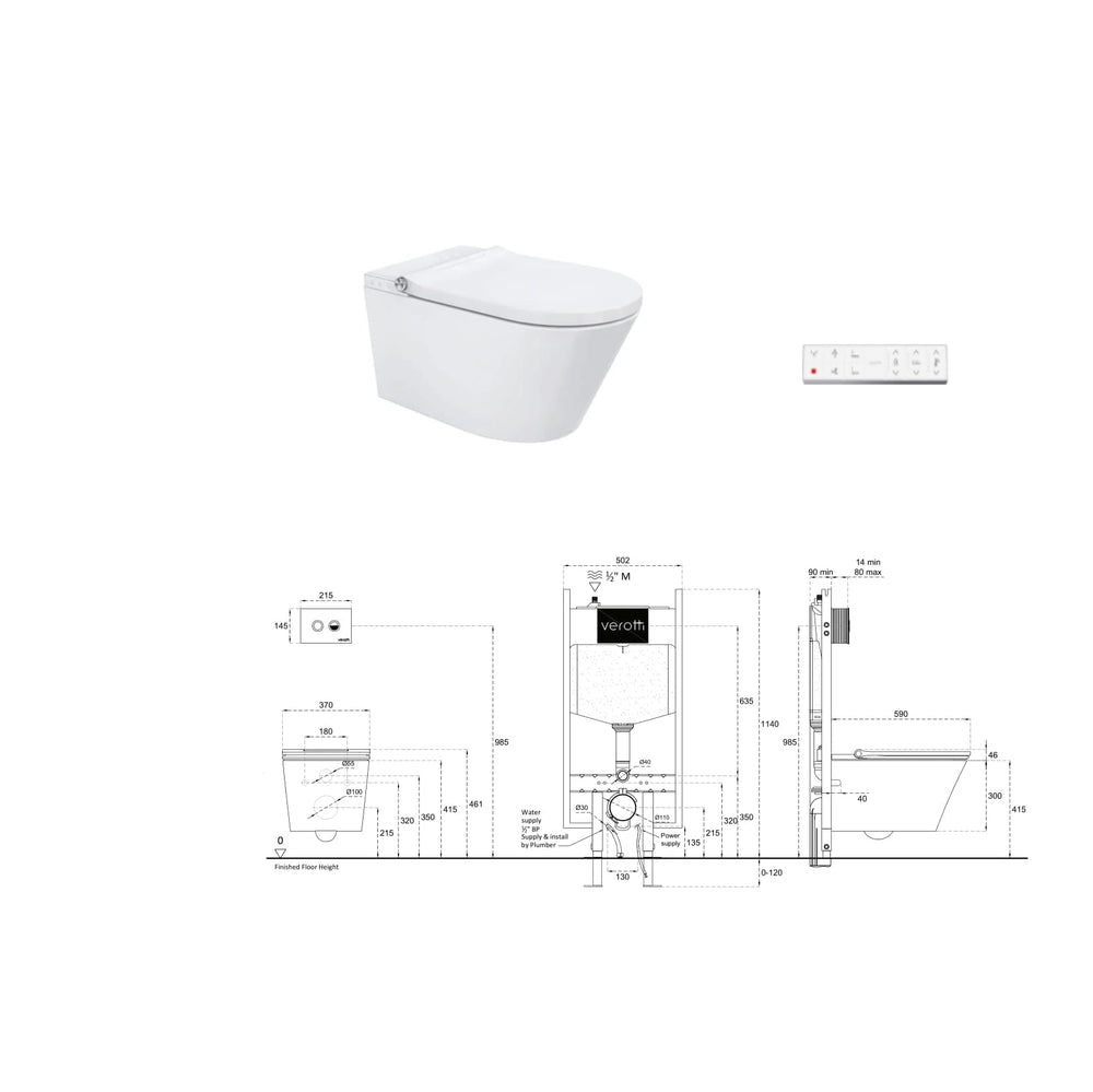 VEROTTI ETERNITY X INTEGRATED INTELLIGENT WALL HUNG TOILET AND REMOTE WASHLET PACKAGE GLOSS WHITE
