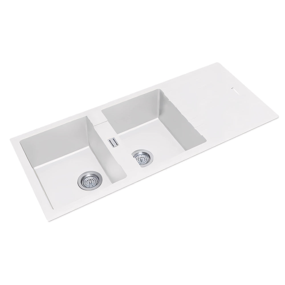 NORICO QUARTZ DOUBLE BOWL DRAINBOARD GRANITE KITCHEN SINK WHITE 1160MM