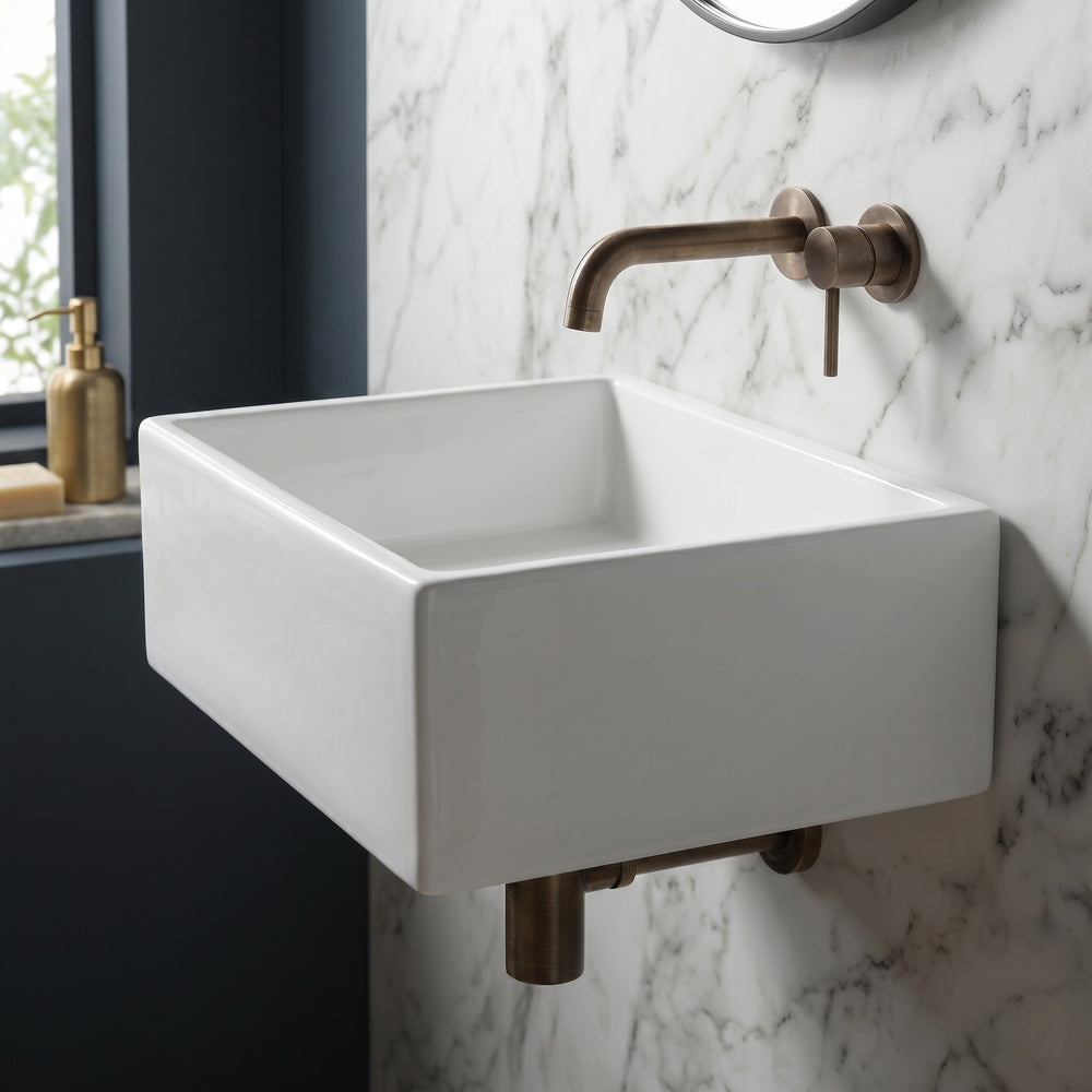 VITO RECTANGULAR WALL HUNG CERAMIC BASIN GLOSS WHITE 400MM