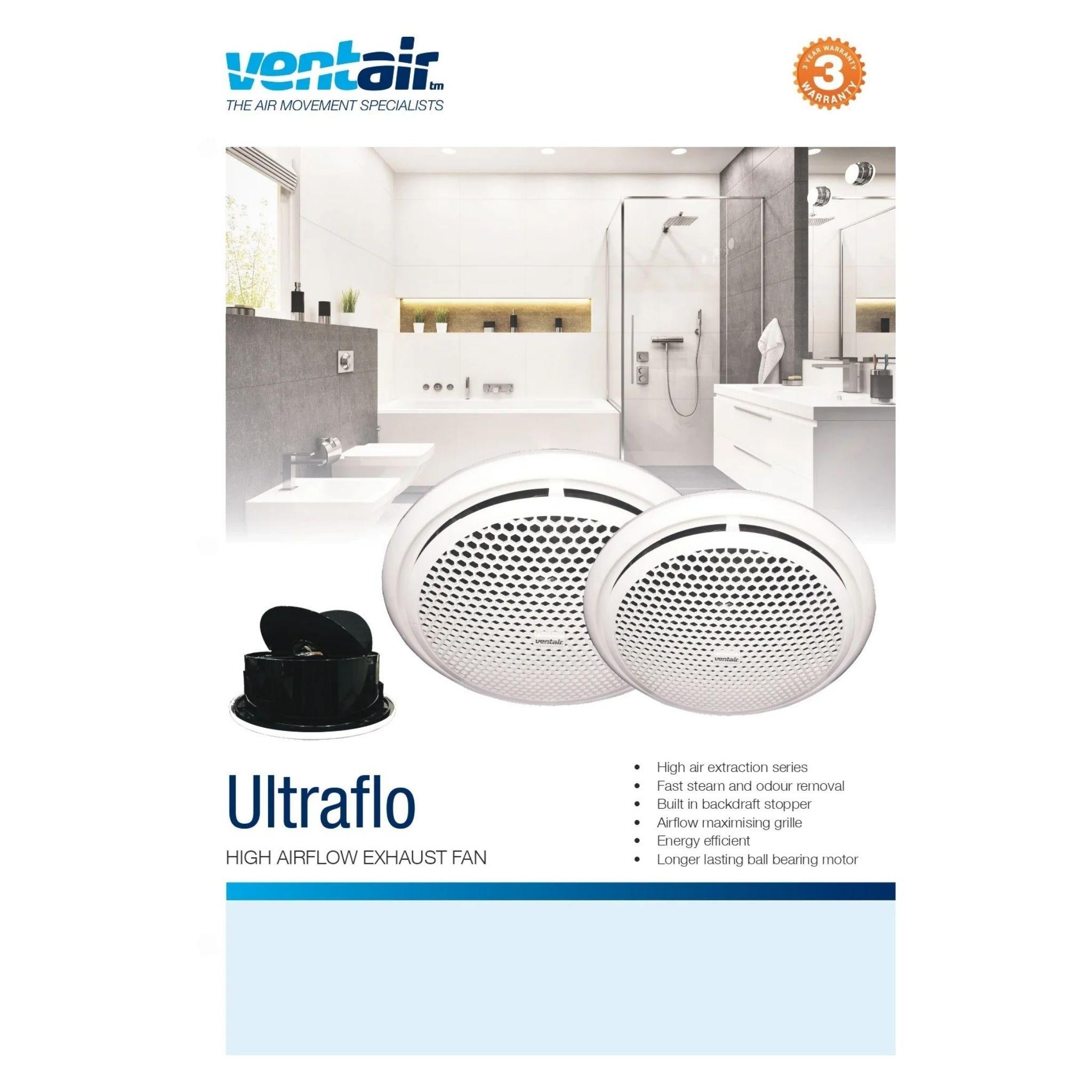 VENTAIR ULTRAFLO HIGH AIR EXTRACTION AXIAL EXHAUST FAN WHITE (AVAILABLE IN 200MM AND 250MM)