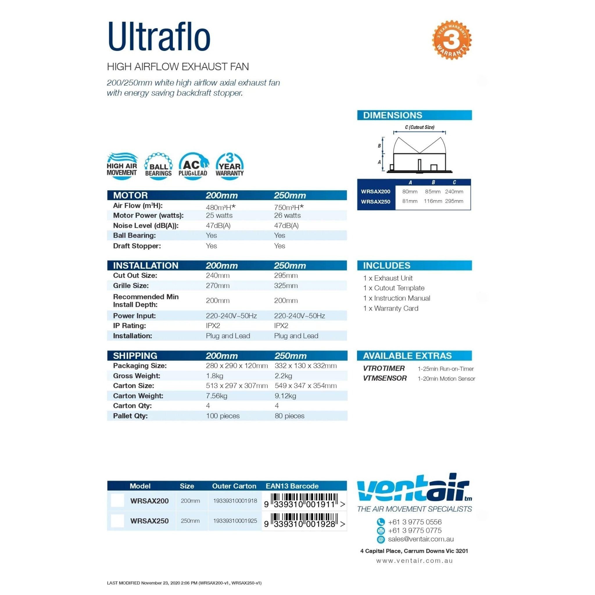 VENTAIR ULTRAFLO HIGH AIR EXTRACTION AXIAL EXHAUST FAN WHITE (AVAILABLE IN 200MM AND 250MM)