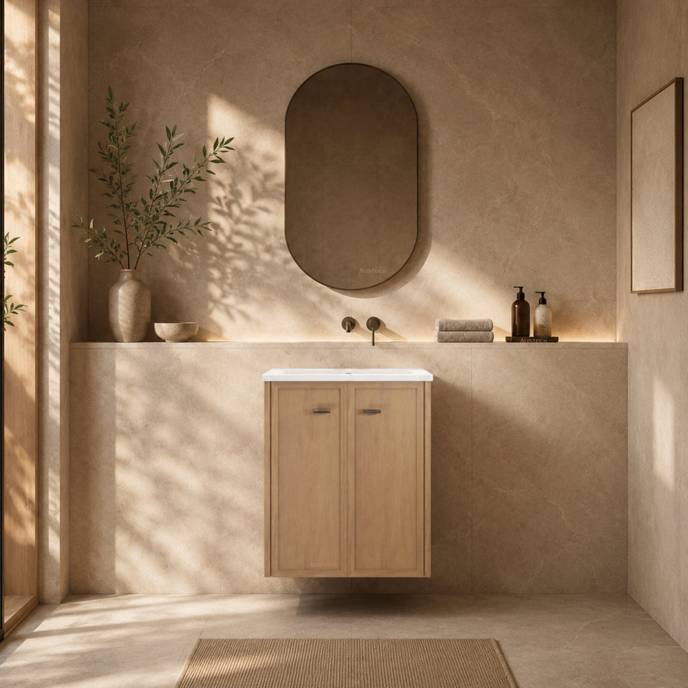 RIVA TOFINO COASTAL OAK 600MM SINGLE BOWL WALL HUNG VANITY