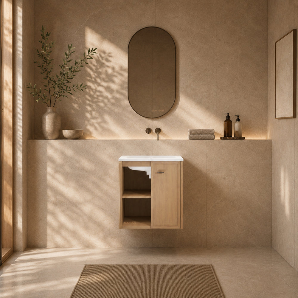 RIVA TOFINO COASTAL OAK 600MM SINGLE BOWL WALL HUNG VANITY
