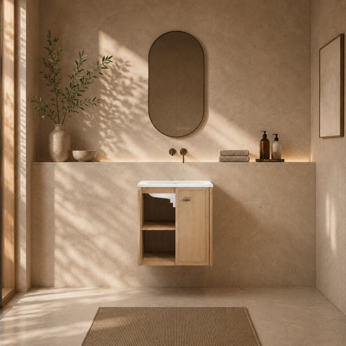 RIVA TOFINO COASTAL OAK 600MM SINGLE BOWL WALL HUNG VANITY