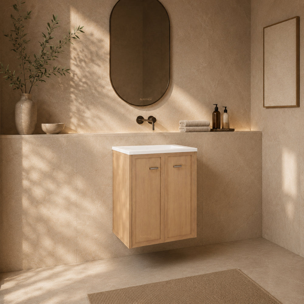 RIVA TOFINO COASTAL OAK 600MM SINGLE BOWL WALL HUNG VANITY